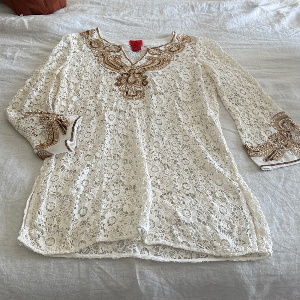 Valentino White Lace Top with Gold Sequin Detail